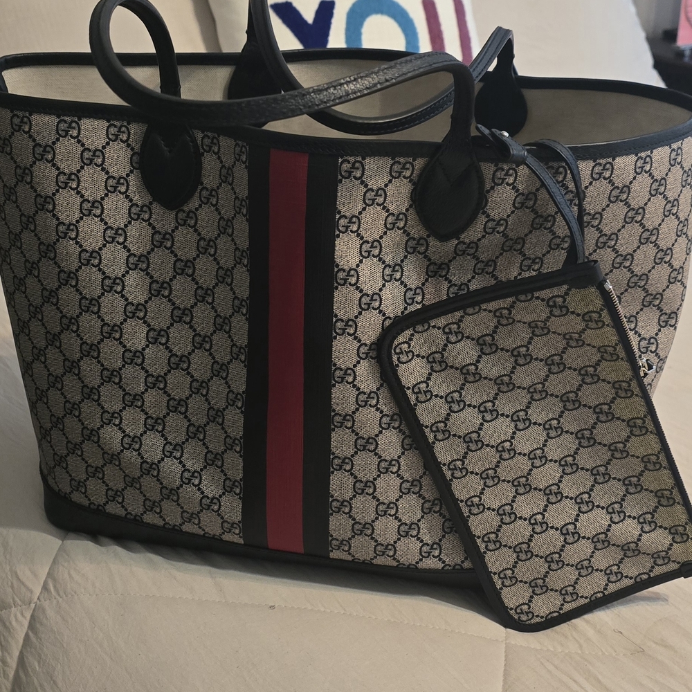 Gucci Beige and Blue Tote with Red Accent